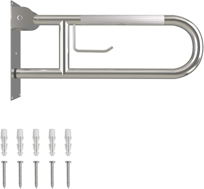 23 Inch Toilet Grab Bar, Flip Up Grab Bar with Paper Holder, Anti-Slip Safety Bars for Toilet, Stainless Steel Knurled Toilet Handles for Seniors Disabled Elderly Pregnant, Brushed Nickel
