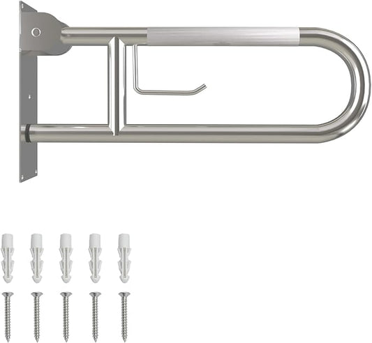 23 Inch Toilet Grab Bar, Flip Up Grab Bar with Paper Holder, Anti-Slip Safety Bars for Toilet, Stainless Steel Knurled Toilet Handles for Seniors Disabled Elderly Pregnant, Brushed Nickel