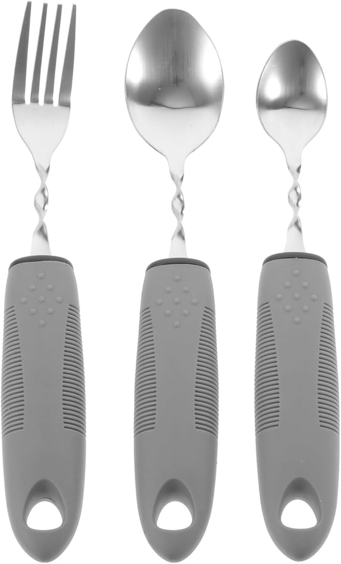 Healifty Adaptive Tableware Set Lightweight Non-Slip Utensils for Elderly with Hand Tremors Includes Fork and Two Spoons Easy Grip Eating Aid for Daily Living