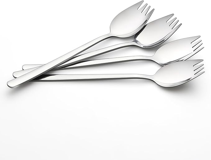 IQCWOOD Sporks, 4-Pack 18/10 Stainless Steel Fork, Metal Spork for Everyday Household Use, 7.4-Inch Long Handle Dessert Ice Cream Salad Forks, Flatware Set Spork for Fruit Appetizer Dessert
