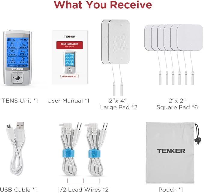 TENKER TENS Unit Muscle Stimulator, 24 Modes EMS Machine for Pain Relief Therapy/Pain Management, Rechargeable Electronic Pulse Massager with 2"x2" and 2"x4" Electrode Pads (Silver)