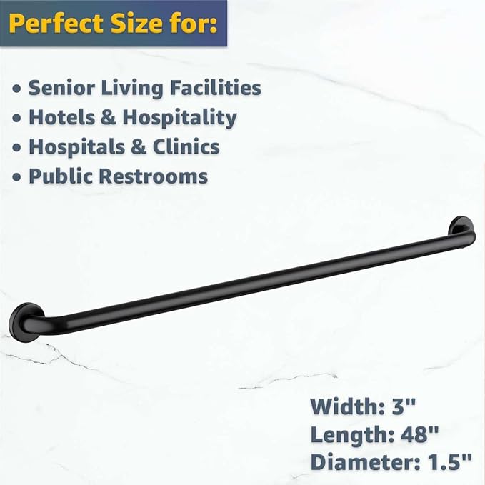 48″ Stainless Steel Matte Black Restroom Grab Bar - Wall Mounted Safety Rail for Toilet and Shower, Commercial Bathroom Support Bar for Elderly, 250 lb Capacity