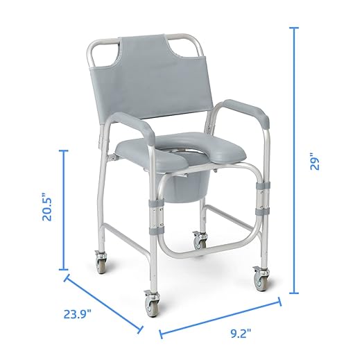 Medline Aluminum Padded Shower Chair Commode with 4 Locking Casters, 300 lbs. Capacity — For Restroom, Bathroom & Wheelchair Transfer to Toilet, 1 Ct.