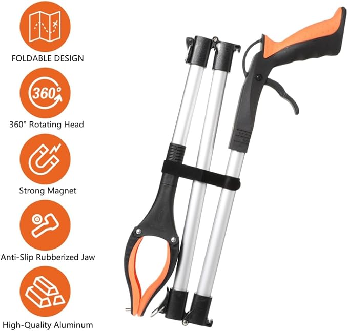 Grabber Reacher Tool 41" Litter Pickers Foldable Reaching Aids Helping Hand Stick with 360°Rotating Head and Magnetic Claw