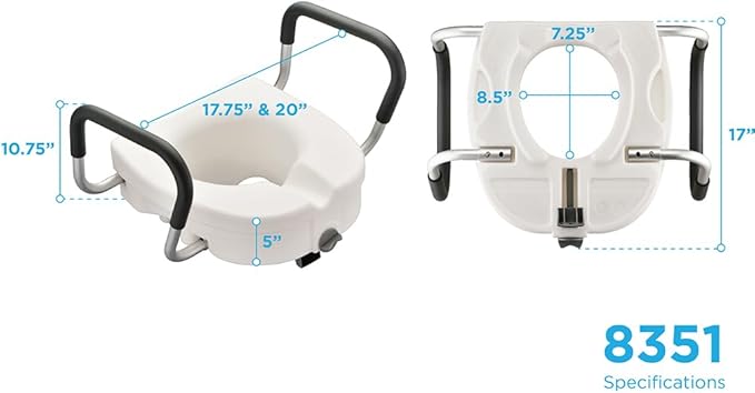 NOVA Toilet Seat Riser with Arms – Adds 5” Height, Raised Toilet Seat with ON/Off Front Lock, Adjustable & Removable Padded Arms (17.75”–20”), 300 lb Capacity, Safety Aid for Seniors
