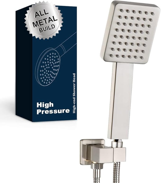 POP SANITARYWARE All Metal Handheld Shower Head Brushed Nickel Luxury High Pressure Showerhead Kit with Wall Connector and Hose Set, for Bathroom Showering System Contemporary Square Style