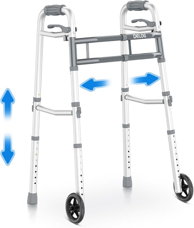 Delog Narrow Folding Walker for Seniors with Trigger Release and 5 Inches Wheels, Lightweight Supports Up to 350 lbs, Aluminum Folding Walker for Elderly, Handicapped and Disabled
