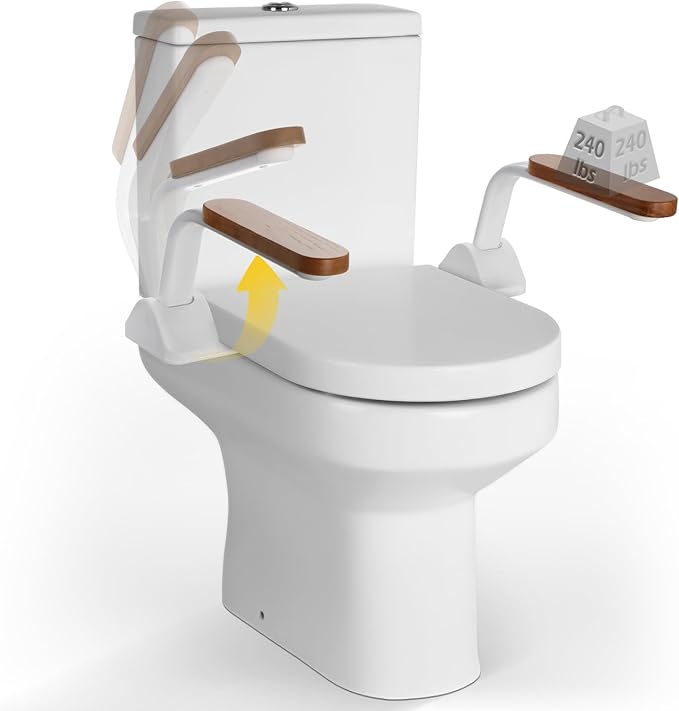 Dyna-Living Toilet Safety Rails 480lbs Toilet Safety Frame with Flip Up Non-Slip Wooden Armrest Handicap Toilet Rails, Toilet Assist Devices for Seniors Toilet Support Bars Toilet Riser for Elderly