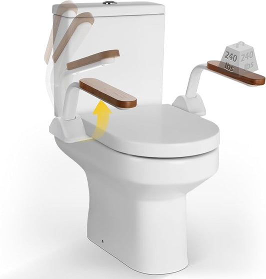 Dyna-Living Toilet Safety Rails 480lbs Toilet Safety Frame with Flip Up Non-Slip Wooden Armrest Handicap Toilet Rails, Toilet Assist Devices for Seniors Toilet Support Bars Toilet Riser for Elderly