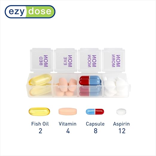 EZY DOSE Weekly (7-Day) Daily Pill Case, Medicine Planner, Vitamin Organizer Container, 4 Times a Day, Small Removable Compartments, Covenient and Easy to Use, Color May Vary, Clear Lids, BPA Free