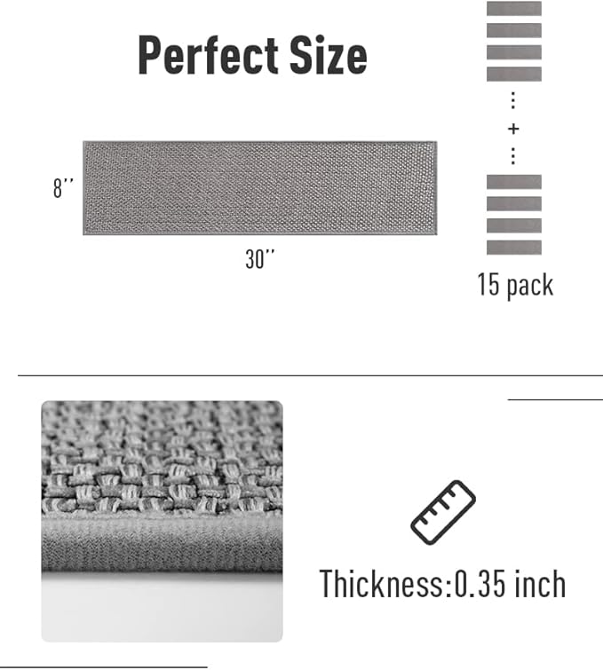 PADOOR Non Slip Stair-Treads,Rubber Backing Stair-Runners for Wooden Steps,15PCS Residue Free Carpet Stair Treads for Kids and Dogs 8"x30" Grey
