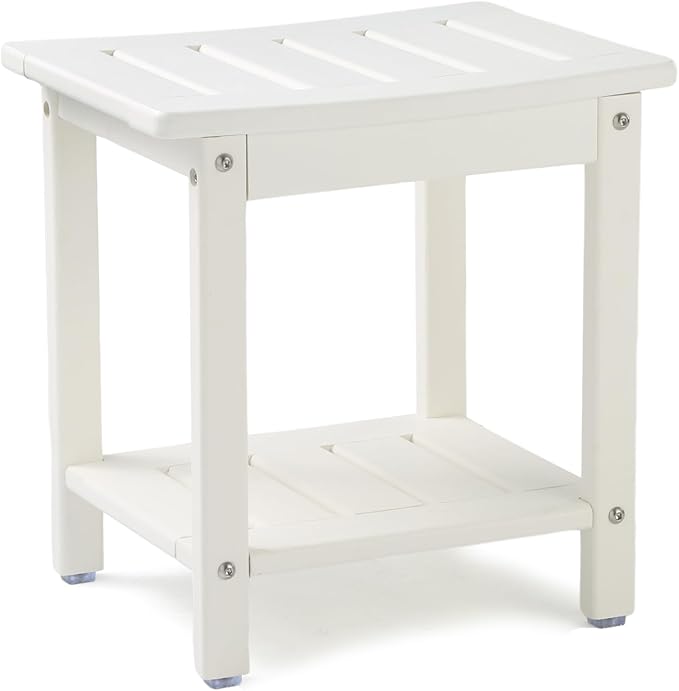 Apolimi Shower Chair, HDPE Shower Bench for Inside Shower to Sit On It, Shower Stool with Storage Shelf 2-Tier Spa Stool for Elderly,Water Resistant & Non-Slip Design Shower Seat Bench(White S Size)