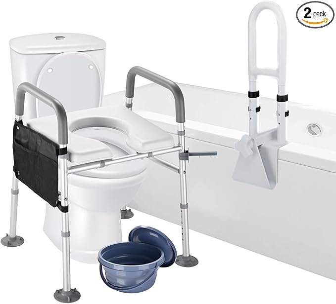 Yescom Raised Toilet Seat and Bathtub Grab Bar Kit for Seniors Disabled Safety Adjustable Height