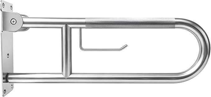 U-Shaped Toilet Grab Bar, Flip-Up Bathroom Safety Rail with Paper Holder, Wall Mounted Anti-Slip Support Handle for Elderly, Disabled & Post-Surgery Assistance (Brushed Nickel, 30 Inch)