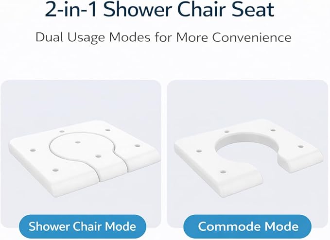 Shower Chair and Commode Combo with Flip-Up Armrests, Adjustable Bath Seat with Hole, Rust-Resistant Non-Slip Bathroom Bench for Seniors and Adults, White & Blue
