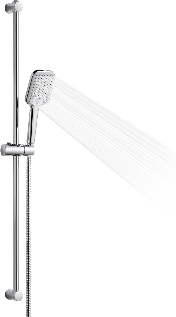 OFFO Shower Slide Bar Combo, Adjustable 39 in Slide Bar with 3-Mode Square Handheld Shower Head and 60 in Stainless Steel Hose, Screw Wall Mounted, Chrome Finish