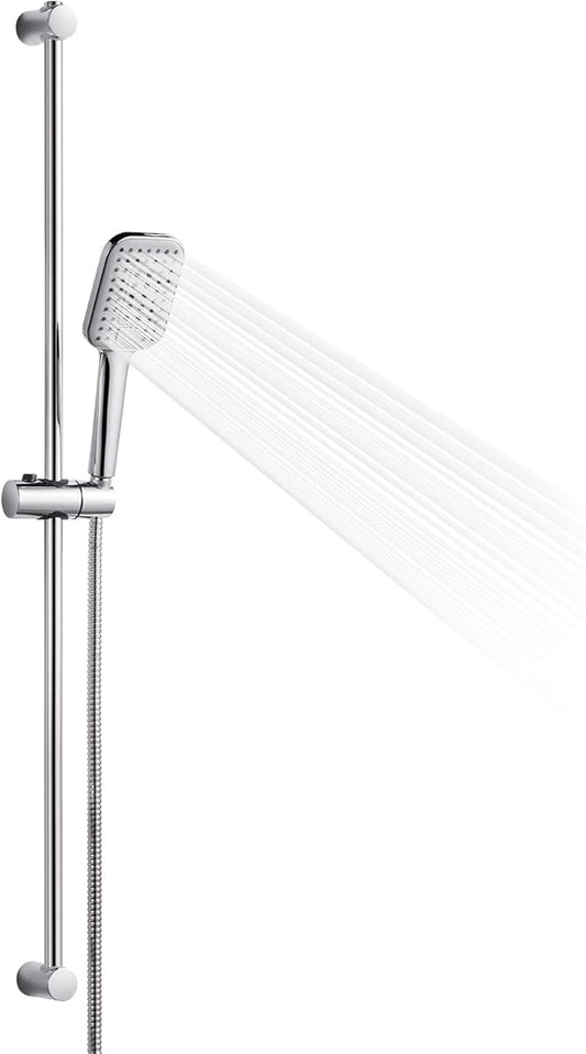 OFFO Shower Slide Bar Combo, Adjustable 39 in Slide Bar with 3-Mode Square Handheld Shower Head and 60 in Stainless Steel Hose, Screw Wall Mounted, Chrome Finish