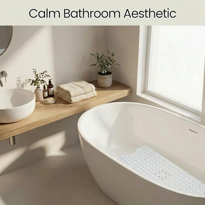 Minimalist TPE Bath Mat for Tub & Shower, Non-Slip Bathtub Mat with Suction Cups, Soft and Comfortable Shower Mat, Quick Drain Holes, Machine Washable, Large Bathroom Mat, White