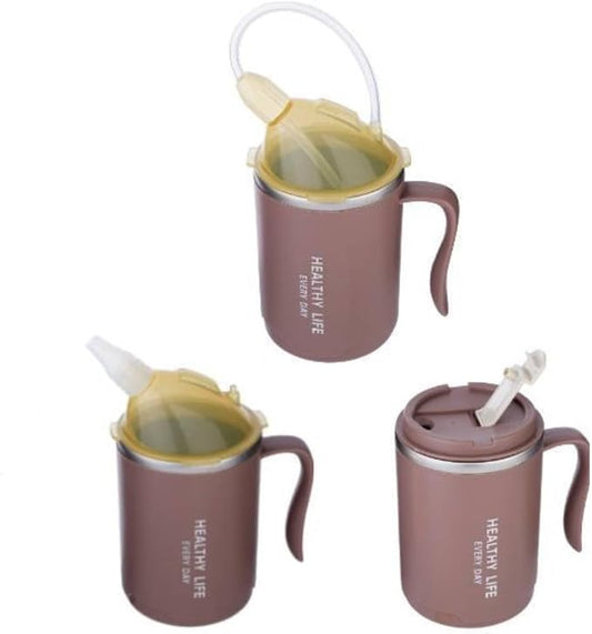 14oz Spill-Proof Cup for Elderly, Stainless Steel Thermos Sippy Cup with Straw, Ideal for Seniors and Adults, Great for Water, Milk, and Soup Health & Household Supplies (Brown)