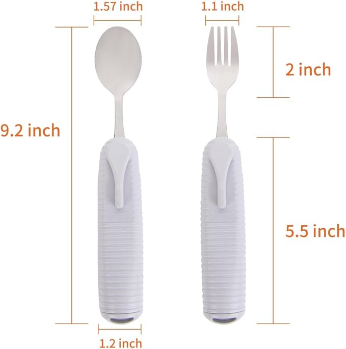 Pekokavo Adaptive Utensils Set, Angle Adjustable Arthritis Aid Silverware for Parkinsons, Hand Tremors, with Non-Slip Easy Grip Handle (2 Count (Spoon + Fork))