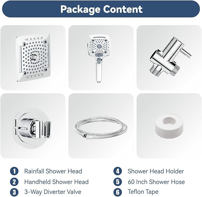 ELLO&ALLO Rain Shower Head with Handheld Spray, Rainfall Shower Head Combo with 60" Hose, Adjustable Dual Showerhead Set with 3-Way Diverter, Chrome