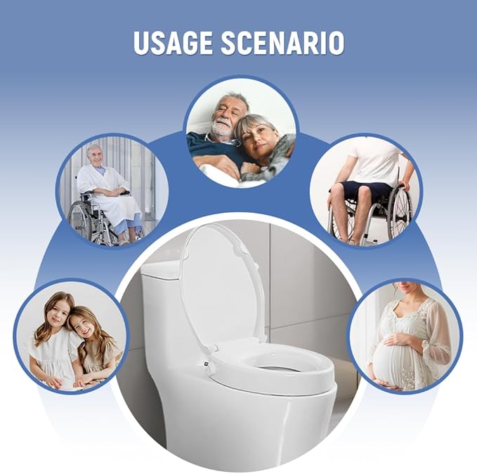 Raised Toilet Seat with Bidet, Fit Elongated Bidet Toilet Seat, Non-Electric Elevated Toilet Seat (Ambient Water), Adjustable Water Pressure Raised Toilet Seat for Seniors, White