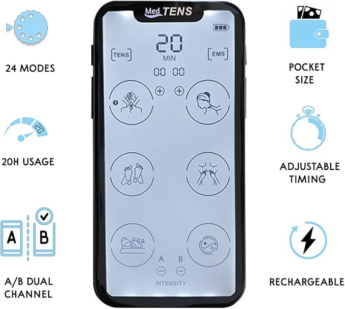 Tens Unit Machine Device 24 Massage Modes Newest Model Muscle Stimulator for Lower Back Neck Shoulder Pain Relief Massager Comes with 10 Pads [5 Pairs] Complete Set Belt+Shoe