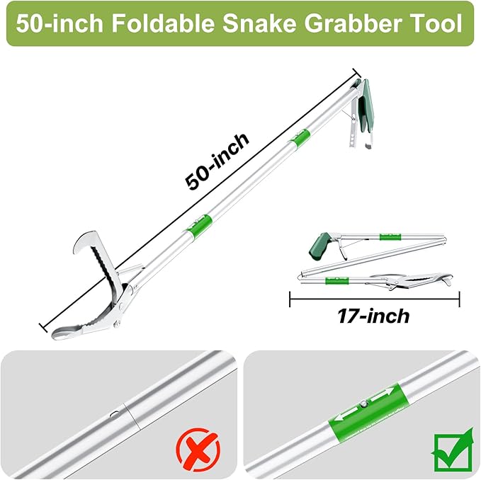 50" Folding Snake Grabber Tongs, Stainless Steel Snake Catcher Tool with Wide Jaws & Non-Slip Handle – Humane Reptile Handling Stick for Outdoor, Yard, Farm & Camping Use