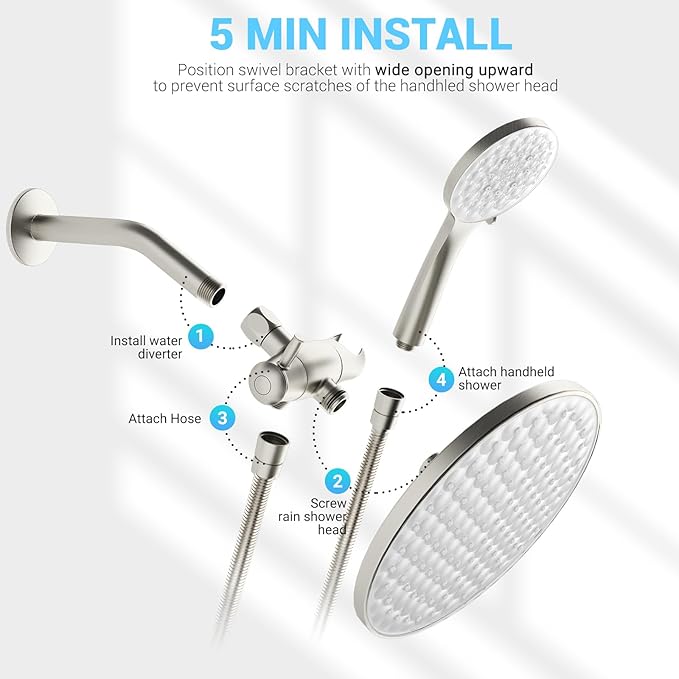 dual shower head with handheld combo,8.6 inch Rainfall showerhead,6 settings hand held shower heads with hose (Brushed Nickel)
