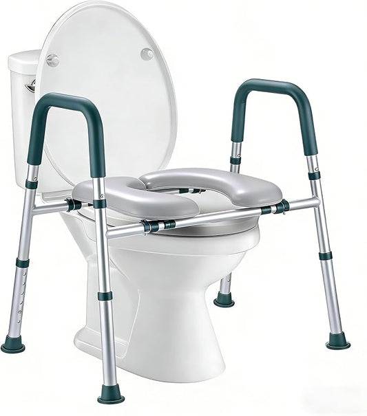 Raised Toilet Seat with Handles, FSA HSA Eligible Toilet Seat Riser for Seniors with Adjustable Height & Width, 400lb Padded Elevated Toilet Seat for Elderly, Handicap and Disabled, Fit Any Toilet