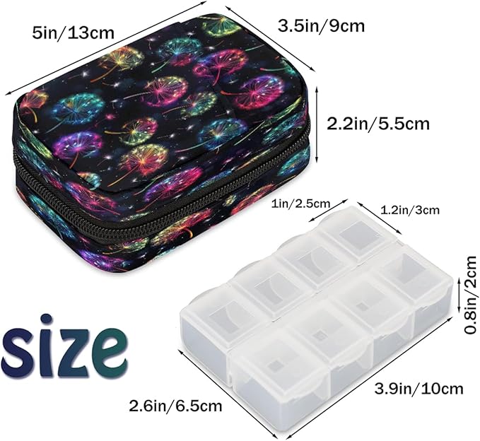 Weekly Travel Pill Organizer Case for Purse with Removable 7 Day Box Portable Compact Size Pill Box Fashionable Pill Container for Medicine Vitamin Supplement Glowing Dandelions Flower
