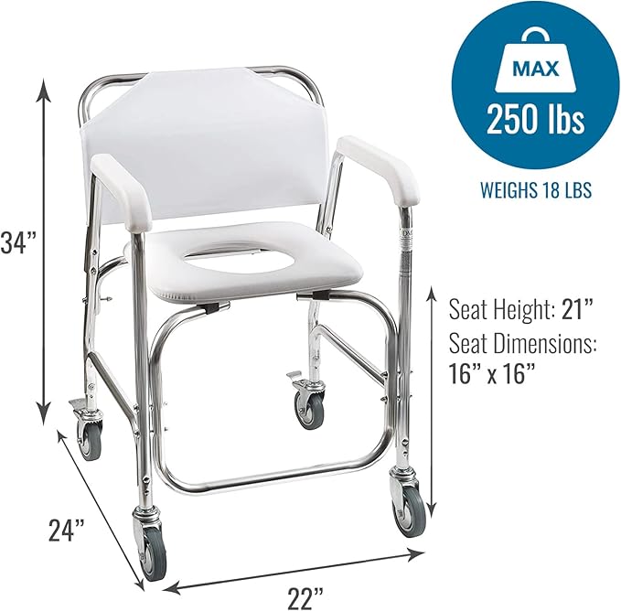 DMI Rolling Shower Chair, Commode, Transport Chair, FSA Eligible, Rolling Bathroom Wheelchair for Handicap, Elderly, Injured or Disabled, 250 Lb. Weight Capacity, Aluminum Frame, White