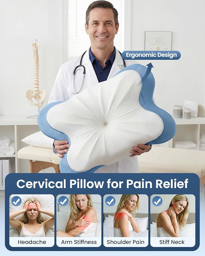 RAINBOW NOTE Ergonomic Contour Memory Foam Pillow, Adjustable Height Cervical Pillow for Neck Pain Relief, Blue White, 24×16.5×5.5 Inches