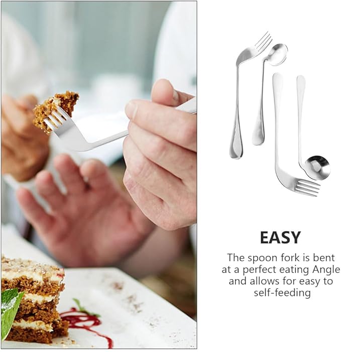 Adaptive Utensils Set - Curved Stainless Steel Spoon and Fork for Elderly, Adults with Tremors, Comfortable Angled Handle Design for Easy Feeding at Home (4pcs)