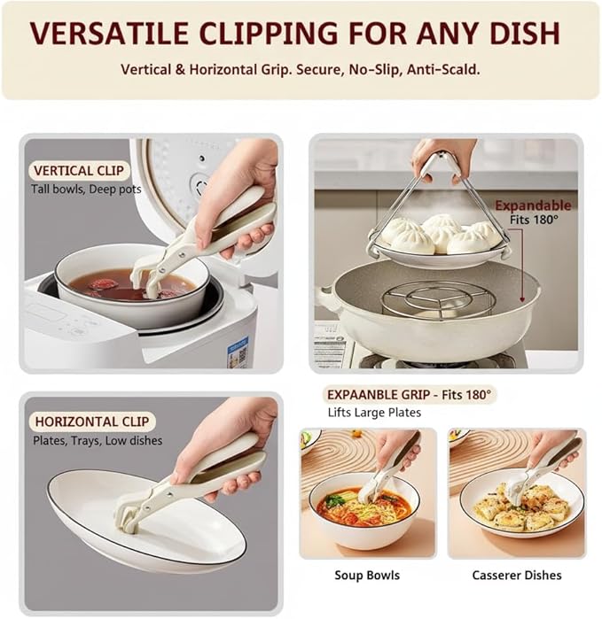 Silicone-Tipped Hot Plate Gripper Set, 2-in-1 Anti-Scald Bowl & Pan Holder Clip with Sturdy Stainless Steel Handle, Multi-Angle Kitchen Tongs for Casserole, Pizza, Pot, Secure Non-Slip Grip (2pcs)
