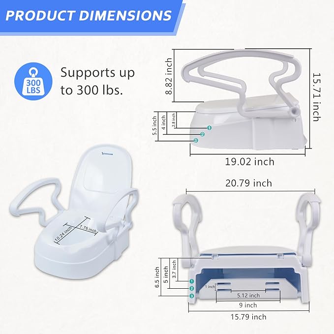 5.5 inches Raised Toilet Seat with Handles, Adjustable Height, Toilet Seat Risers for Seniors, Slip-Resistant, Supports 300lbs, Elevated Toilet Seats, Screw Lock, White