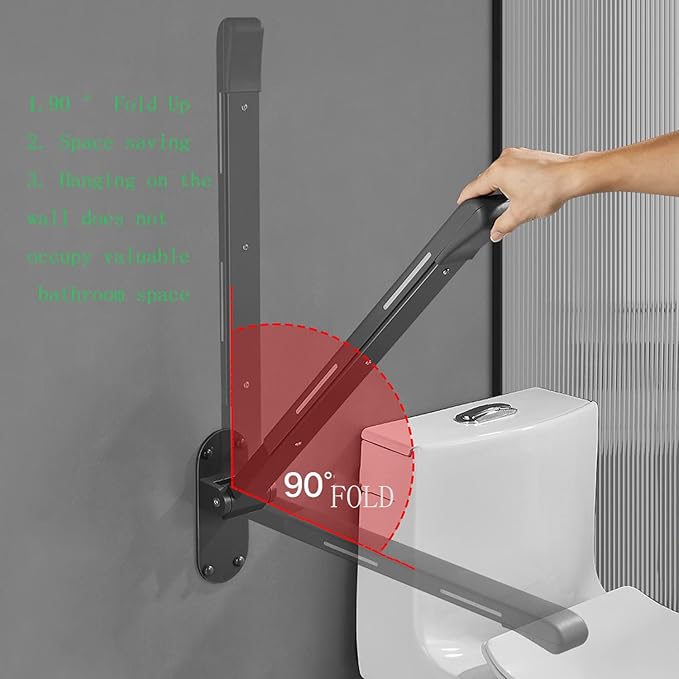 Flip Up Grab Bar,Bathroom Folding Grab Bar,Grab Bars for Toilet Wall,Safety Rail Wall Mounted,Non Slip Waterproof Handicap Handrails Elderly and Pregnant Grab Bars(Grey,with Indicators)