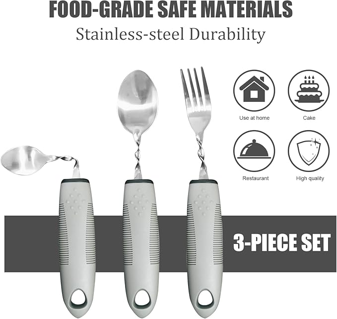 Adaptive Utensils for Elderly, Hand Tremors, Parkinsons & Handicapped | 3 Pack | Non-Slip Easy Grip Handles Right Handed Curved Spoon and Fork Set | Lightweight | Stainless Steel | Eat Independently