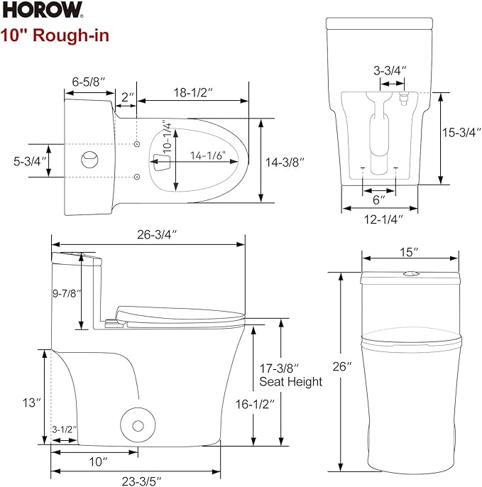 HOROW T0338W One Piece Toilet 10" Rough-in, Elongated Toilet with Comfortable Seat Height, ADA Chair Height 17.3", Dual Flush 0.8/1.28 GPF, Standard White Toilet Bowl, Space Saver Design