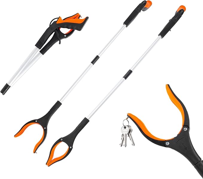 Grabber Reacher Tool, 2 Pack 32" Foldable Lightweight Trash Claw Grabbers for Elderly, 360° Rotating Head Wide Jaw Reaching Tool for Trash, Pick Up Stick (Orange)