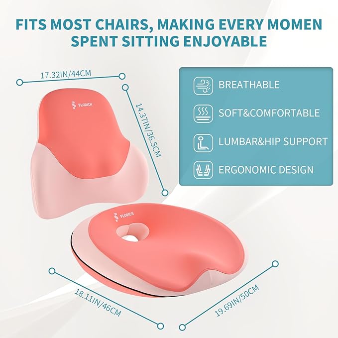 FLORICH Seat Cushion Lumbar Support Pillow for Office Chair, Car Lower Back Support, Ergonomic Desk Chair Pillow for Butt and Back Support of Memory Foam Seat Pad(Pink)
