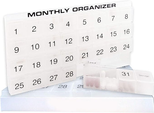31 compartments, 1 per Day, 4 Week Monthly Pill Organizer by Promed. Includes Tray and 8 Removable compartments. (White)