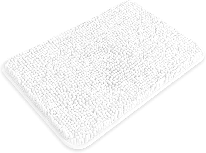 Small Bathroom Rug 12"x18" – Washable and Absorbent Bath Mat, Non Slip, Thick Soft Chenille Bath Rugs for Bathroom, Shower, Sink, Dog mat(White)
