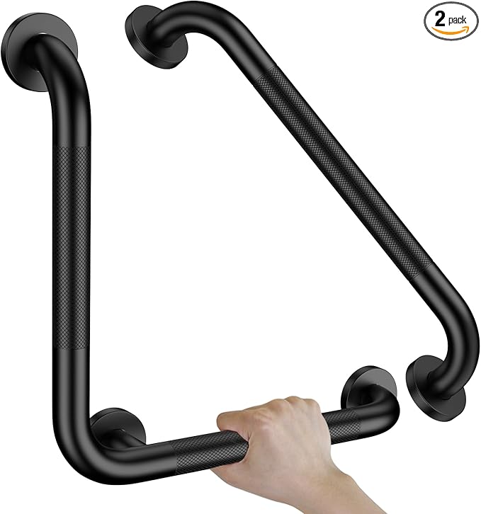16 Inch L-Shaped Black Bathroom Grab Bars with 20 Inch Straight Munzong Toilet Handicap Grab Rail,Anti Slip Stainless Steel Knurled Safety Handle Support Elderly Injury Senior