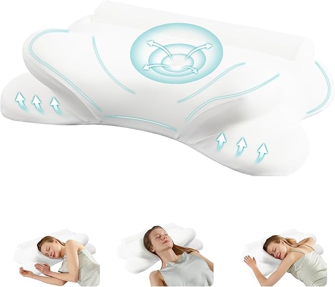 DUMOS Cervical Neck Pillow for Sleeping, Cooling Ergonomic Memory Foam Pillow with Arm Rest Slot and Ice Silk Pillowcase, Dual Height Orthopedic Support Contour for Side, Back, Stomach Sleepers
