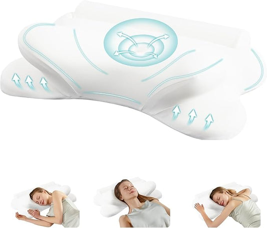 DUMOS Cervical Neck Pillow for Sleeping, Cooling Ergonomic Memory Foam Pillow with Arm Rest Slot and Ice Silk Pillowcase, Dual Height Orthopedic Support Contour for Side, Back, Stomach Sleepers