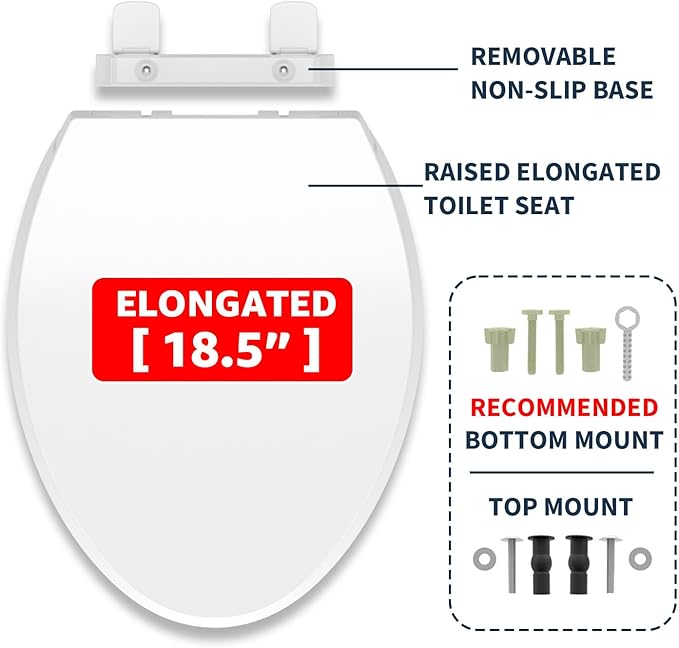 ELONGATED toilet seat risers for seniors, Slow Close, Elevated toilet seat, Heavy Duty, Never Loosen, Raised toilet seat elongated bowl, White(18.5”)