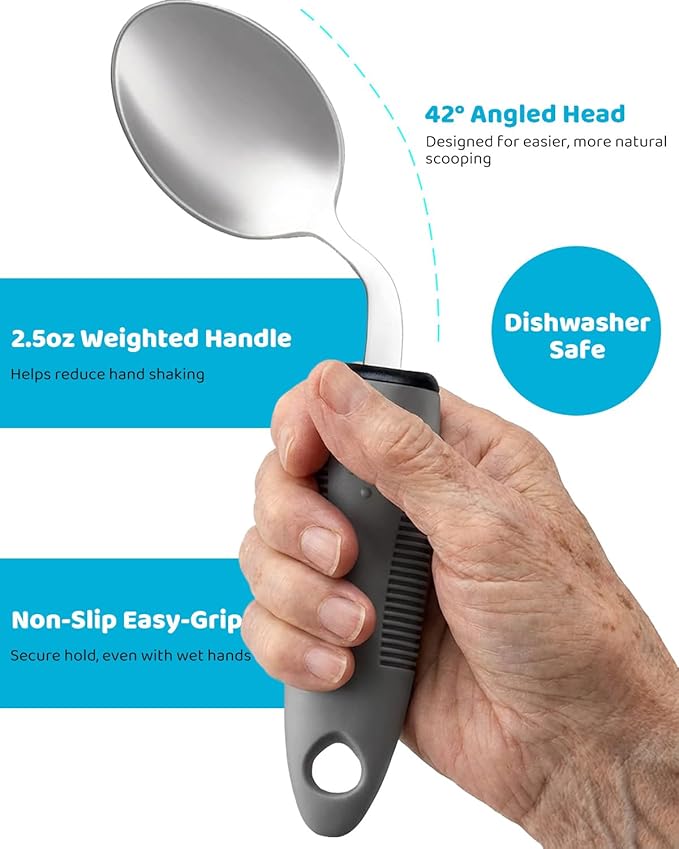 4-Piece Adaptive Utensils Set for Adults - 45° Angled 2.5oz Weighted Spoon, Fork, Knife & Soup Spoon for Hand Tremors and Parkinson’s Patients - Non-Slip Easy-Grip Handles