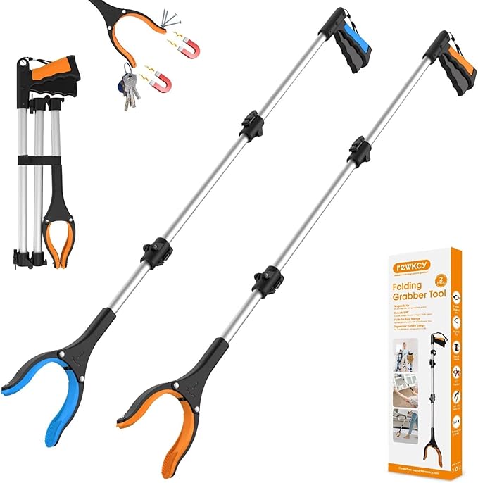 2-Pack 43" Extra Long Grabber Reacher Tool, Foldable Reacher Grabber Pickup Tool with 360° Rotating Jaw + Magnets, 4" Wide Claw Trash Picker Upper Grabber, Grabbers for Seniors Heavy Duty
