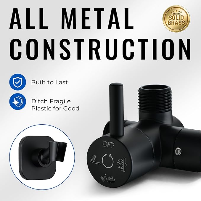 G-Promise All Metal High Flow Shower Diverter Valve with Adjustable Shower Head Holder, Universal 3-Way Splitter with Pause Mode for Handheld and Fixed Spray Head Adapter Replacement (Matte Black)